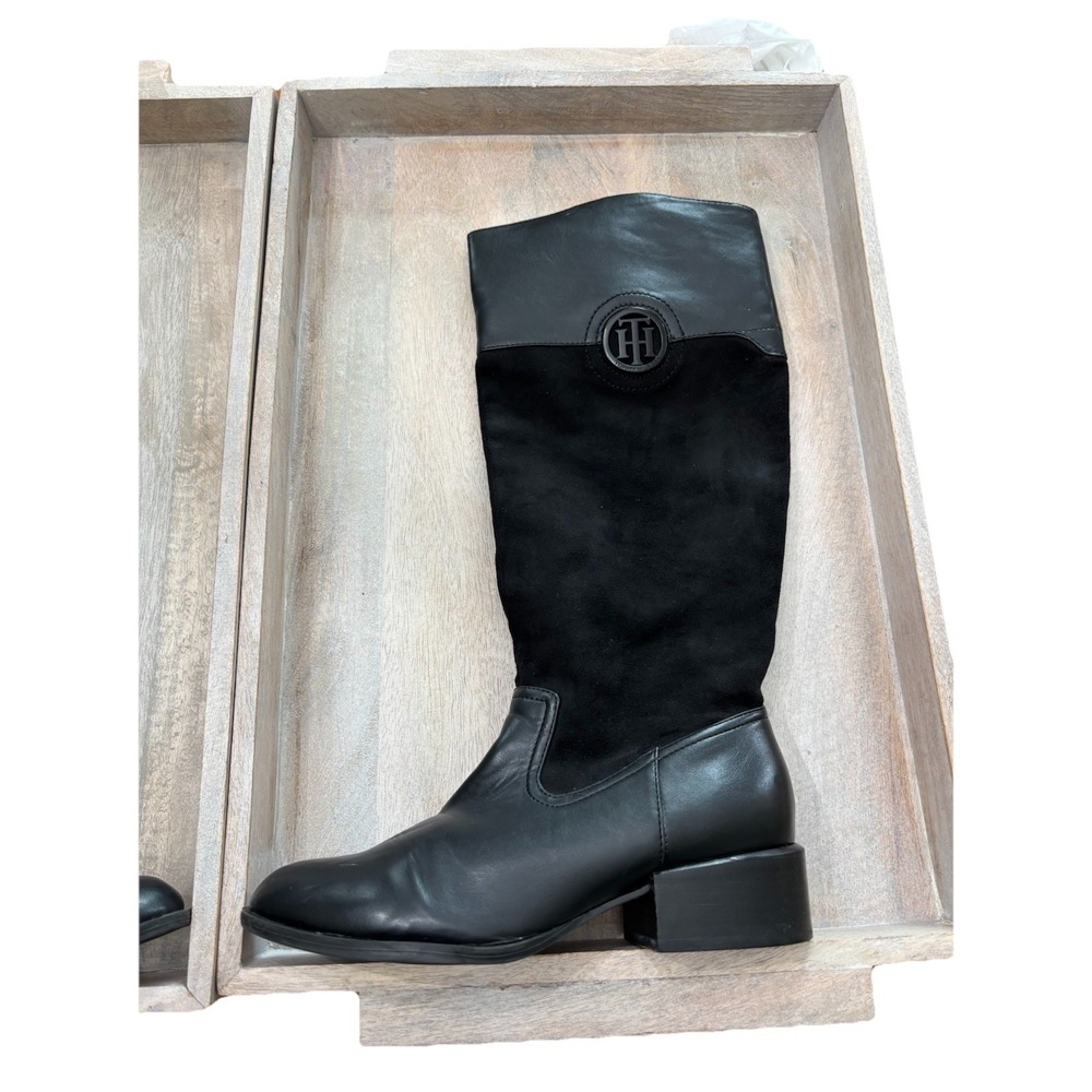Tommy Hilfiger Black Tall Boots Mixed Media Suede Leather Logo Block Heel